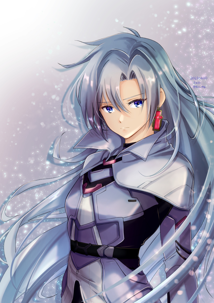 1other 2023 a_(xenoblade) absurdres artist_name belt black_belt blue_eyes breasts capelet closed_mouth dated drop_shadow earrings eyes_visible_through_hair fon_(fon_dq) grey_hair hair_between_eyes hair_intakes high_collar highres jewelry long_hair messy_hair single_earring small_breasts solo twitter_username very_long_hair white_capelet white_hair xenoblade_chronicles_(series) xenoblade_chronicles_3 xenoblade_chronicles_3:_future_redeemed