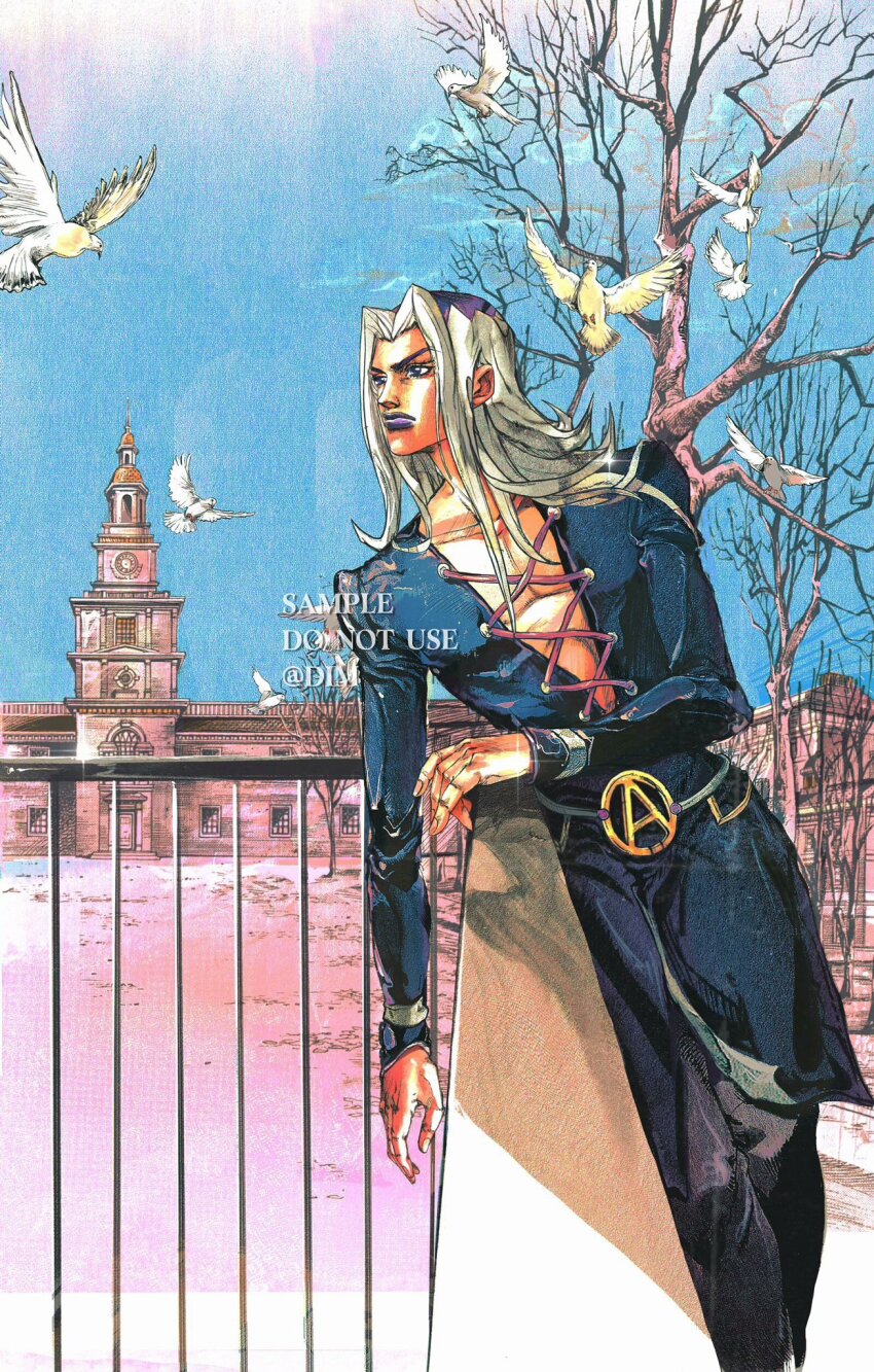 1boy 2000s_(style) androgynous araki_hirohiko_(style) bare_tree bird bishounen black_pants blue_sky building curtained_hair dim_7976 dove expressionless feet_out_of_frame flock full_body gate gold_buckle highres jojo_no_kimyou_na_bouken leone_abbacchio lipstick long_hair long_sleeves looking_to_the_side makeup male_focus official_style outdoors pants parted_bangs plunging_neckline purple_lips single_letter sky solo sparkle standing tree vento_aureo white_hair