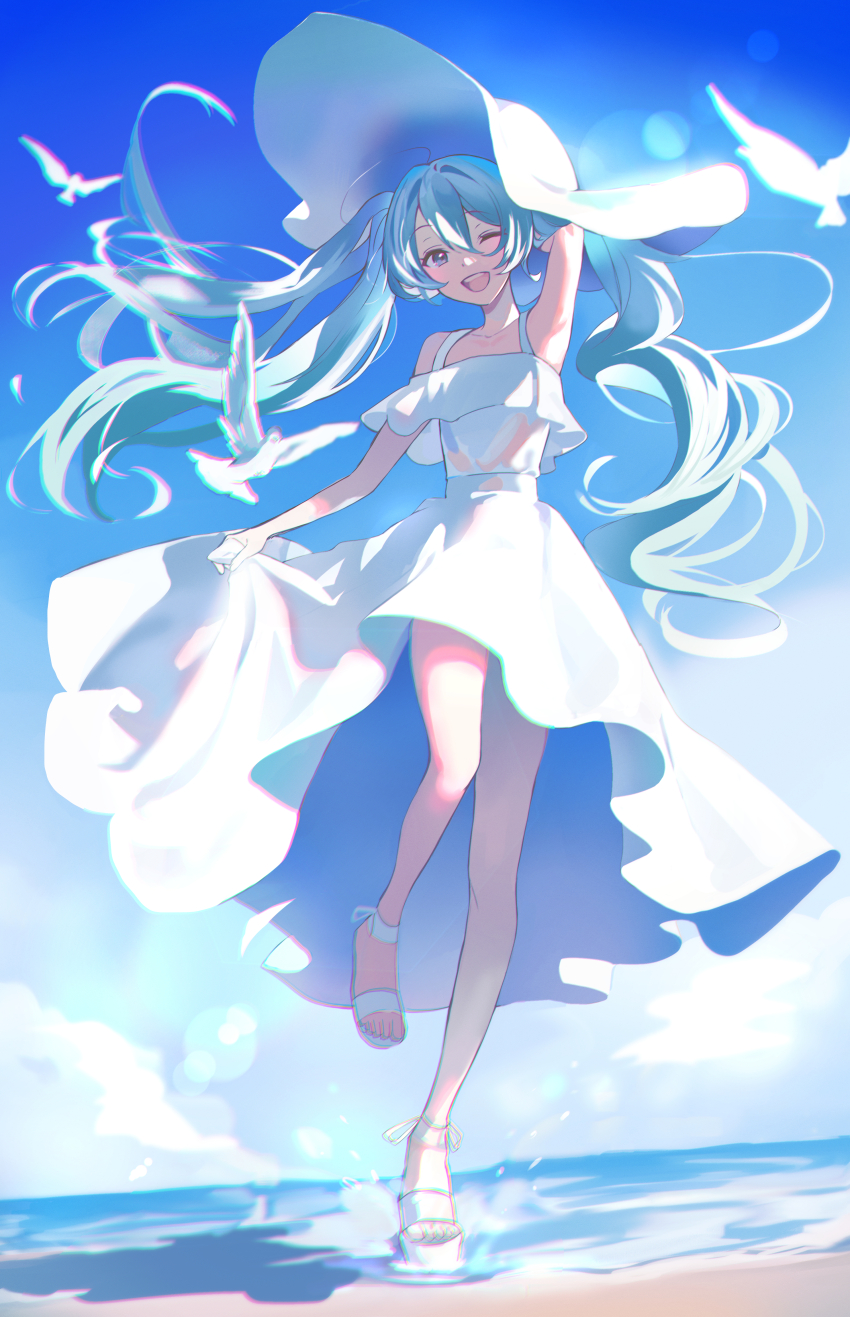 1girl ;d absurdres arm_behind_head armpits bare_shoulders beach commentary day dress full_body hat hatsune_miku haze_(ohw8g) highres long_hair looking_at_viewer ocean one_eye_closed open_mouth outdoors platform_sandals sandals smile solo sun_hat teeth twintails very_long_hair vocaloid white_dress