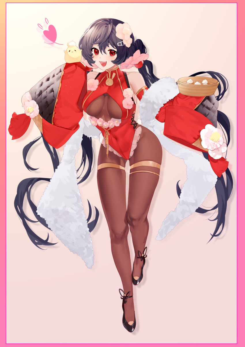1girl :d absurdres aiushi_(lovecowjp) allen_m._sumner_(azur_lane) azur_lane bamboo_steamer black_hair black_shoes bodystocking cleavage_cutout clothing_cutout commentary_request detached_sleeves flower frilled_leotard frills full_body hair_flower hair_ornament hairclip heart highres jewelry leotard long_sleeves looking_at_viewer manjuu_(azur_lane) open_mouth pink_flower red_eyes red_leotard shoes smile solo thighlet twintails wide_sleeves