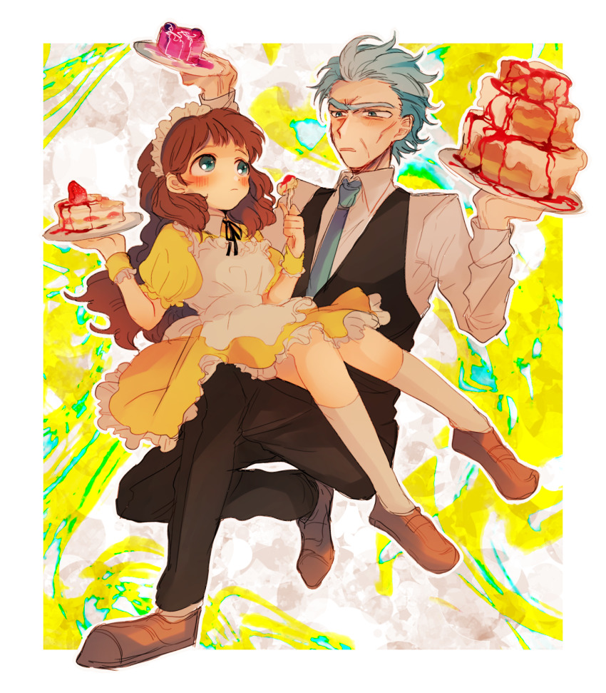 1boy 1girl alternate_costume animification apron brown_hair cake dress enmaided food frilled_apron frilled_dress frills genderswap genderswap_(mtf) grandfather_and_grandson highres holding holding_tray maid maid_apron maid_headdress messy_hair morticia_smith morty_smith multiple_boys necktie noko6 puffy_short_sleeves puffy_sleeves rick_and_morty rick_sanchez short_hair short_sleeves spiked_hair tray vest waist_apron white_apron wrist_cuffs