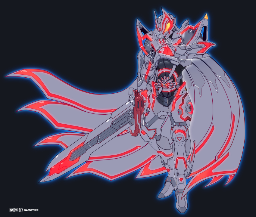 1boy absurdres armor black_background bodysuit boost_mark_ix_buckle cape commentary desire_driver flaming_eye fox_mask geats_buster_qb9 glowing glowing_eyes gunblade helmet highres holding holding_sword holding_weapon kamen_rider kamen_rider_geats kamen_rider_geats_(series) kamen_rider_geats_ix light_particles male_focus mask neon_trim outline pixiv_logo rider_belt solo sword tongzhen_ganfan twitter_logo watermark weapon weibo_watermark white_background yellow_eyes