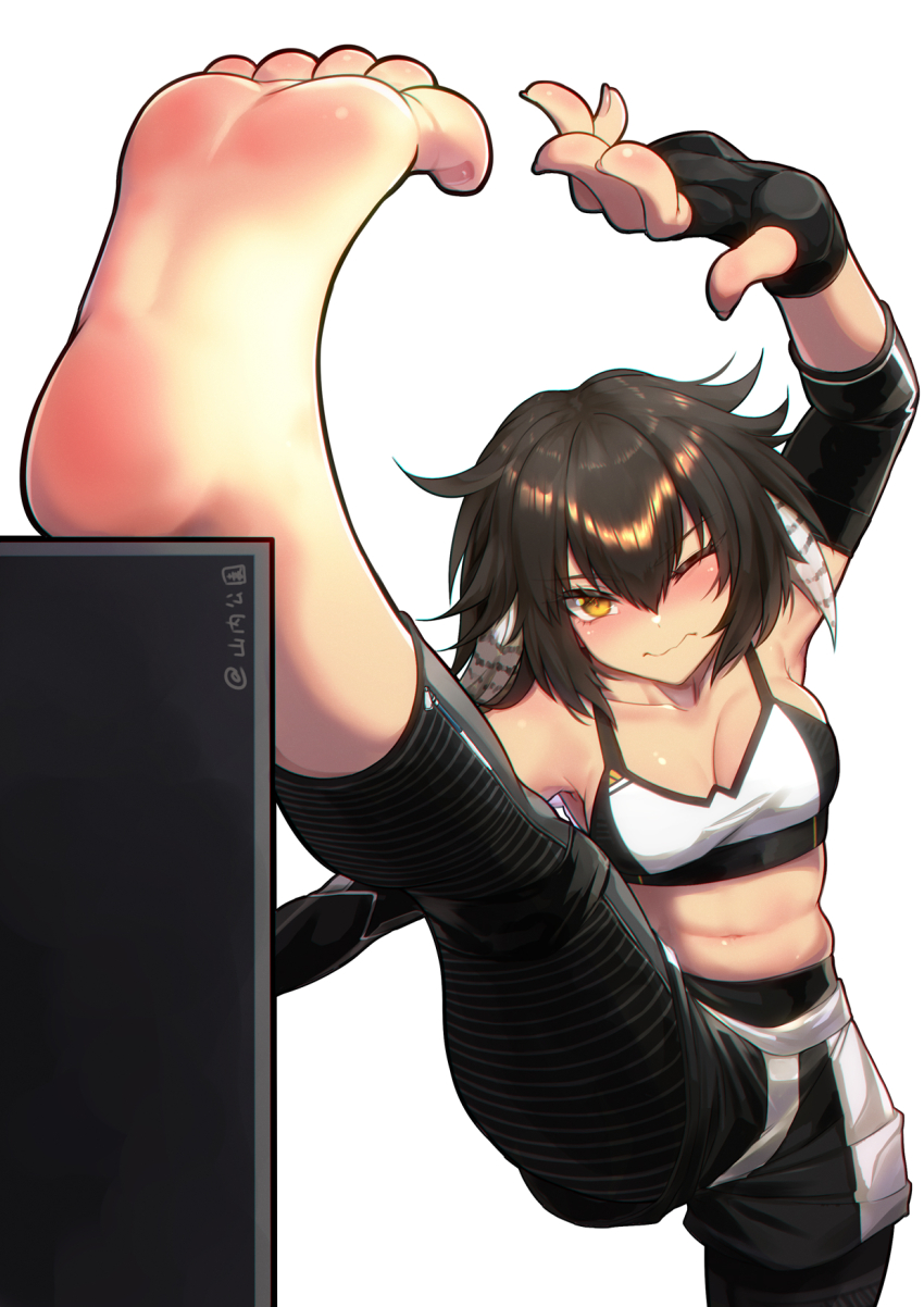 1girl arknights arm_up bare_shoulders barefoot black_gloves black_hair black_pants breasts cleavage commentary_request crop_top fingerless_gloves foot_focus foreshortening gloves highres leggings looking_at_viewer medium_breasts midriff navel official_alternate_costume one_eye_closed pants plume_(arknights) plume_(easy_time)_(arknights) short_hair solo sports_bra standing standing_on_one_leg stomach yamauchi_(conan-comy) yellow_eyes