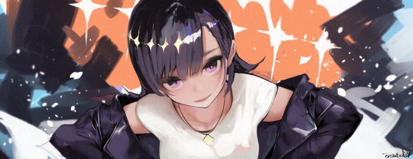 1girl absurdres black_hair highres jacket jewelry looking_at_viewer medalist_(manga) necklace off_shoulder okazaki_iruka osatou_(piropiro_open) parted_lips purple_eyes shirt signature smile solo white_shirt