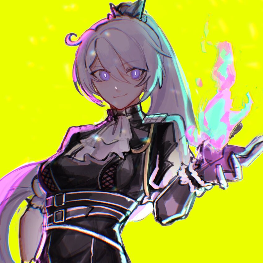 1girl ahoge belt black_gloves black_shirt closed_mouth cosplay galo_thymos galo_thymos_(cosplay) gloves hair_between_eyes high_ponytail highres honkai_(series) honkai_impact_3rd kiana_kaslana kiana_kaslana_(herrscher_of_flamescion) long_hair melonlee_png open_hand ponytail promare shirt simple_background smile solo upper_body yellow_background