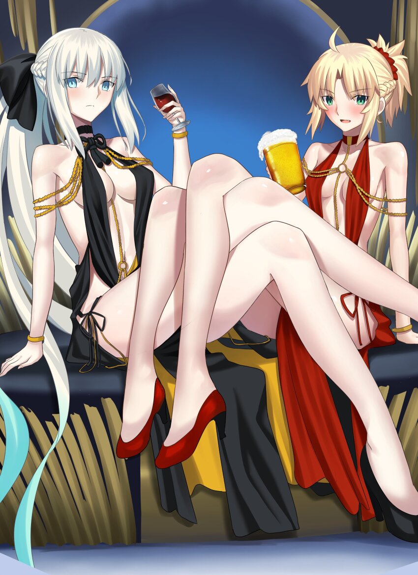 2girls absurdres ahoge alcohol bare_legs bare_shoulders beer beer_mug black_bow black_choker black_dress blonde_hair blue_eyes blush bow bracelet braid breasts center_opening chain choker cleavage cup dress drinking_glass fate/apocrypha fate/grand_order fate_(series) gold_bracelet gold_chain green_eyes grey_hair hair_between_eyes hair_ornament hair_scrunchie high_heels highres jewelry large_breasts legs long_hair longdq3008 looking_at_viewer medium_breasts mordred_(fate) morgan_le_fay_(fate) mug multiple_girls open_mouth parted_bangs ponytail red_choker red_dress red_scrunchie scrunchie short_hair sidelocks smile thighs very_long_hair wine wine_glass