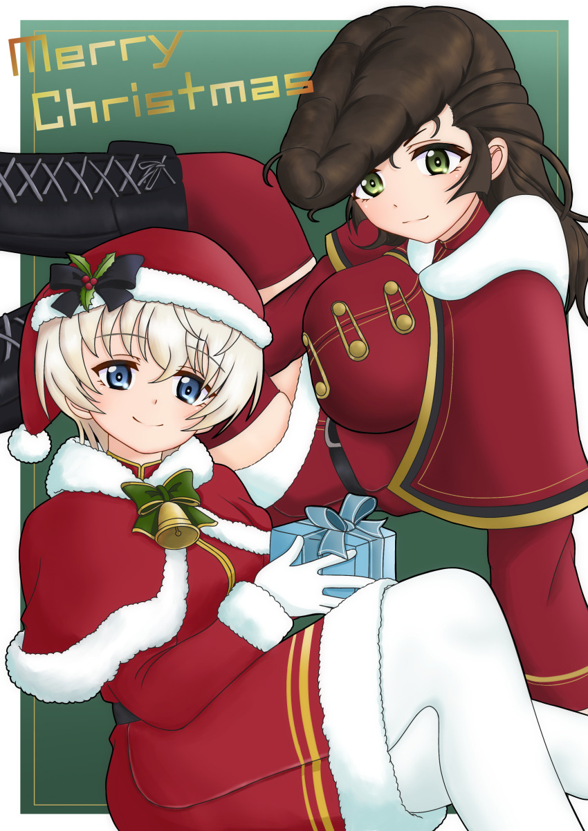 2girls absurdres alternate_costume amanone_yun bell black_boots blue_eyes boots bow bowtie brown_hair capelet christmas closed_mouth commentary dress english_commentary fur-trimmed_capelet fur-trimmed_dress fur_trim gift girls_und_panzer gloves green_background green_bow green_bowtie green_eyes hat hat_ornament highres holding holding_gift holly_hat_ornament knee_boots lace-up_boots long_hair long_sleeves looking_at_viewer medium_dress merry_christmas multiple_girls neck_bell pompadour red_capelet red_dress red_hat red_thighhighs santa_costume santa_dress santa_hat short_dress short_hair sitting smile thighhighs white_gloves white_hair youko_(girls_und_panzer) yuri_(girls_und_panzer)