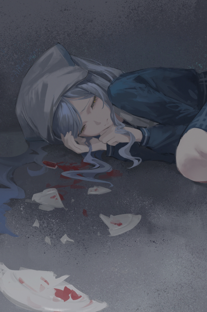 absurdres airool bang_dream! bang_dream!_it&#039;s_mygo!!!!! blue_hair blue_shirt blue_skirt broken_plate chinese_commentary clenched_hand closed_eyes closed_mouth commentary_request facing_viewer frown grey_headscarf hair_spread_out half-closed_eyes hand_on_own_face hands_up headscarf highres indoors ketchup knee_up long_sidelocks looking_to_the_side lying mcdonald&#039;s on_floor on_side parted_bangs plaid_clothes plaid_skirt plate school_uniform shirt sidelocks sideways_glance skirt togawa_sakiko tsukinomori_school_uniform upper_body yellow_eyes