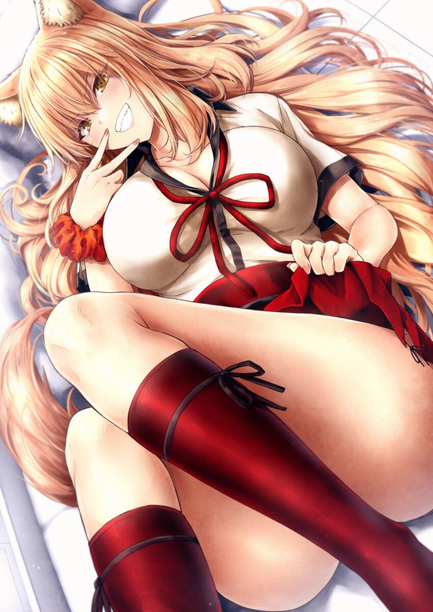 1girl absurdres animal_ears black_ribbon blonde_hair breasts cleavage clothes_lift commentary convenient_leg couch fate/extra fate/extra_ccc fate/extra_ccc_fox_tail fate_(series) feet_out_of_frame fox_ears fox_girl fox_tail grin hair_spread_out hakama hakama_skirt high-waist_skirt highres japanese_clothes kneehighs large_breasts leg_ribbon legs lifting_own_clothes long_hair looking_at_viewer lying on_back red_scrunchie red_skirt red_socks ribbon school_uniform scrunchie shiny_clothes shiny_legwear shirt short_sleeves skirt skirt_lift smile socks solo suien suzuka_gozen_(fate) tail thighs tile_floor tiles v very_long_hair white_shirt wrist_scrunchie yellow_eyes