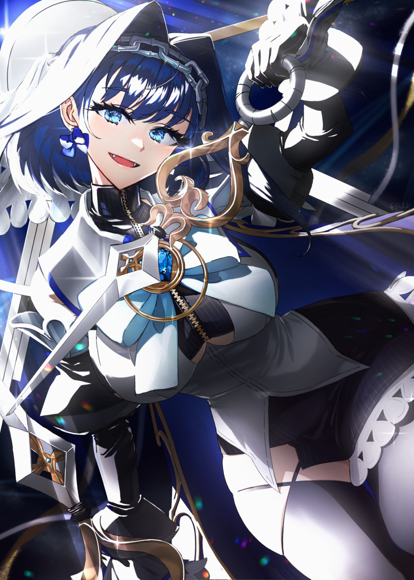 1girl :d black_gloves black_shirt black_skirt black_thighhighs blue_bow blue_eyes blue_hair bow bow_earrings breasts chain chain_headband cleavage_cutout clothing_cutout commentary commentary_request cropped_shirt earrings english_commentary fangs gloves hair_intakes half-skirt highres holding holding_weapon hololive hololive_english jewelry large_breasts looking_at_viewer miniskirt mixed-language_commentary open_mouth ouro_kronii ouro_kronii_(1st_costume) partial_commentary paulandcookie pinstripe_pattern pinstripe_shirt pinstripe_skirt romaji_commentary shirt skirt smile solo thighhighs tongue underboob virtual_youtuber weapon white_shirt zipper