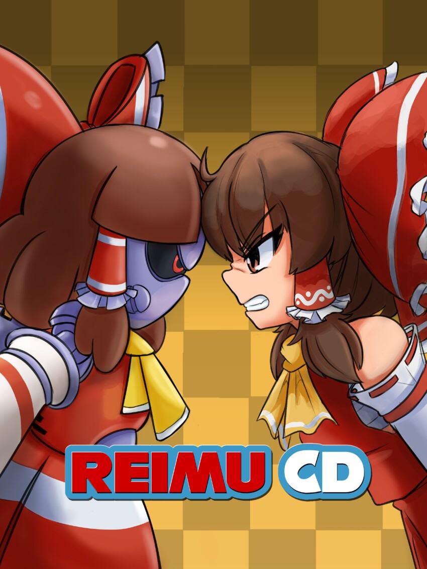 2girls ascot bow brown_background brown_hair checkered_background clenched_teeth clothed_robot commentary detached_sleeves dual_persona english_commentary english_text forehead-to-forehead frilled_bow frilled_hair_tubes frills hair_tubes hakurei_reimu heads_together highres logo mcsquiddies medium_hair multiple_girls parody red_bow red_eyes red_ribbon red_shirt red_skirt ribbon ribbon-trimmed_sleeves ribbon_trim rivalry robot robot_girl shirt skirt sonic_(series) sonic_cd sonic_the_hedgehog_(classic) staring symmetry teeth touhou upper_body v-shaped_eyebrows white_sleeves yellow_ascot