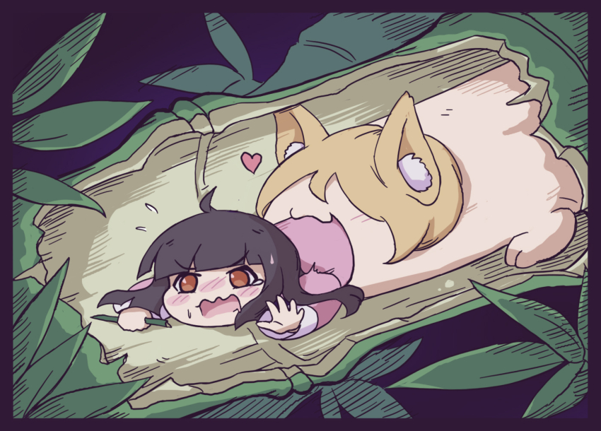2girls animal_ears bamboo bamboo_leaf black_hair blonde_hair blush brown_eyes fox_ears fox_girl heart hime_cut houraisan_kaguya japanese_clothes kimono kudamaki_tsukasa long_hair long_sleeves multiple_girls niconicolas open_mouth pink_kimono short_hair touhou vore wide_sleeves