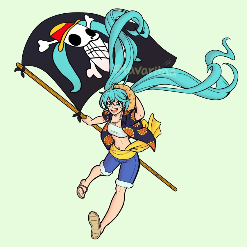 1girl aqua_eyes aqua_hair artist_name bandeau bare_legs blue_shorts cosplay flag flip-flops floral_print full_body fur-trimmed_shorts fur_trim green_background hat hatsune_miku highres holding holding_flag holding_unworn_clothes holding_unworn_hat jolly_roger legs_apart long_hair looking_at_viewer matching_hair/eyes monkey_d._luffy monkey_d._luffy_(cosplay) navel official_alternate_costume one_piece open_clothes open_mouth open_shirt print_shirt sandals shirt short_sleeves shorts simple_background smile solo straw_hat straw_hats_jolly_roger sunflower_print tareme tavaritaa twintails unworn_hat unworn_headwear very_long_hair vocaloid white_bandeau