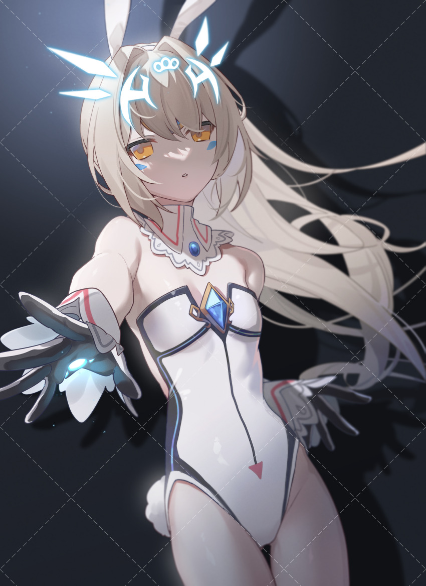 1girl animal_ears az_(zero_glvimayhop) bare_shoulders black_background black_gloves breastless_clothes breastless_leotard code:_battle_seraph_(elsword) cowboy_shot detached_collar elsword eve_(elsword) fake_animal_ears fake_tail flat_chest gloves grey_hair highres leotard long_hair looking_at_viewer mark_under_both_eyes playboy_bunny rabbit_ears rabbit_tail shadow simple_background solo tail white_leotard wrist_cuffs yellow_eyes