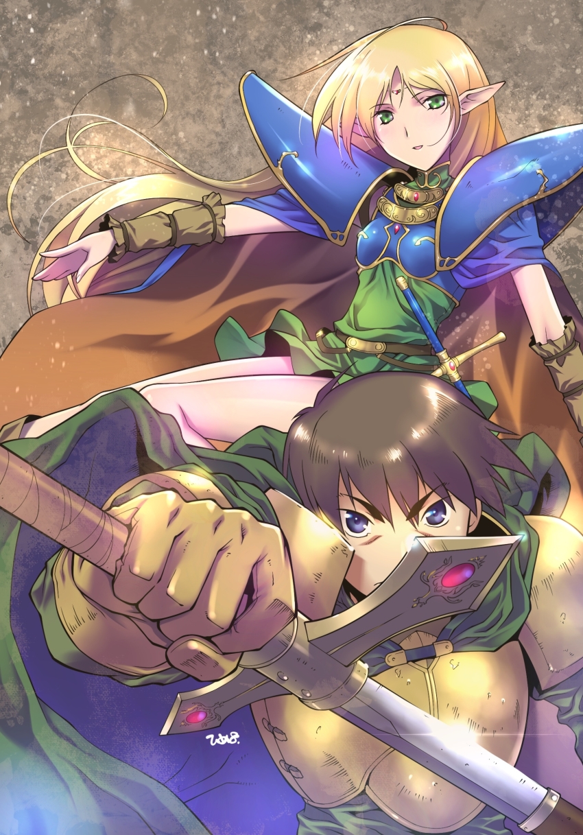1boy 1girl armor blonde_hair blue_armor blue_cape blue_eyes boobplate breastplate brown_cape brown_gloves brown_hair cape circlet closed_mouth deedlit drawing_sword dress elf frown gloves gold_armor green_cape green_dress green_eyes highres himehachi_(hime8manga) holding holding_sword holding_weapon long_hair open_mouth parn_(lodoss) pauldrons pointy_ears record_of_lodoss_war scabbard sheath short_dress short_hair shoulder_armor smile sword two-sided_cape two-sided_fabric two-tone_cape unsheathing weapon