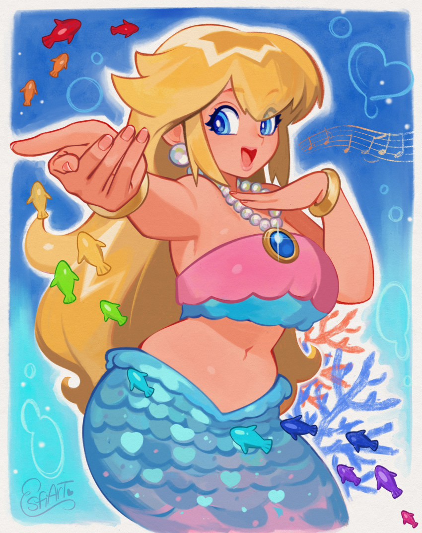 1girl :d artist_name bangle bare_shoulders beamed_eighth_notes blonde_hair blue_background blue_eyes border bracelet breasts commentary coral cowboy_shot crop_top earrings eighth_note eyelashes fingernails fish floating_hair gem hair_between_eyes hands_up heart highres jewelry kiddybro large_breasts lips long_hair looking_at_viewer makeup mario_(series) mermaid mermaid_peach midriff monster_girl music musical_note musical_staff navel necklace nintendo open_mouth pearl_necklace pink_lips pink_nails princess_peach princess_peach:_showtime! quarter_note ring scales signature singing smile solo sparkle strapless underwater very_long_hair white_border