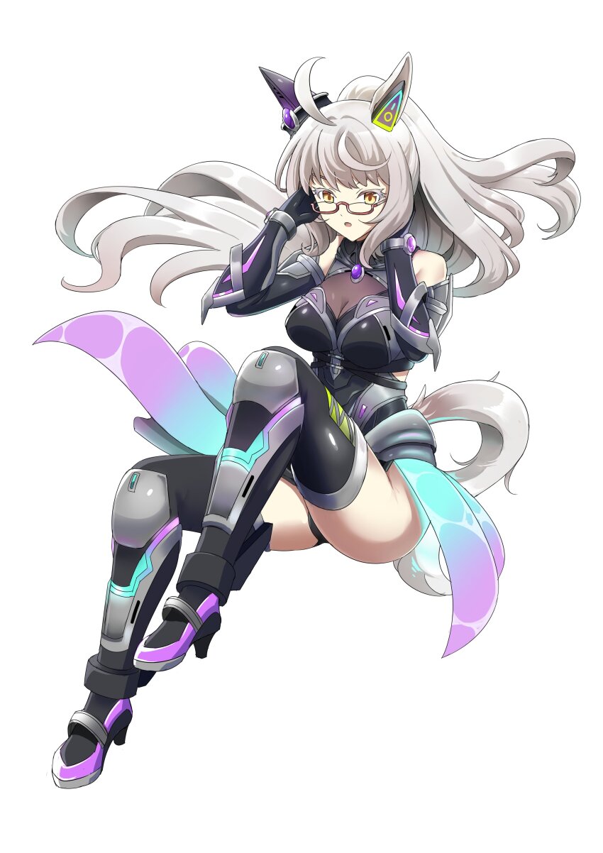 1girl absurdres ahoge animal_ears armor bare_shoulders biwa_hayahide_(engineered_victory)_(umamusume) biwa_hayahide_(umamusume) black_thighhighs blush boots breasts character_name cleavage commentary ear_covers ear_ornament elbow_gloves glasses gloves gradient_background grey_hair hand_in_own_hair highres horse_ears horse_girl horse_tail kneeling large_breasts long_hair official_alternate_costume official_alternate_hairstyle open_mouth outside_border ponytail rimless_eyewear simple_background single_ear_cover smile solo sudhiro_sappurisa tail thigh_boots thighhighs umamusume very_long_hair white_background