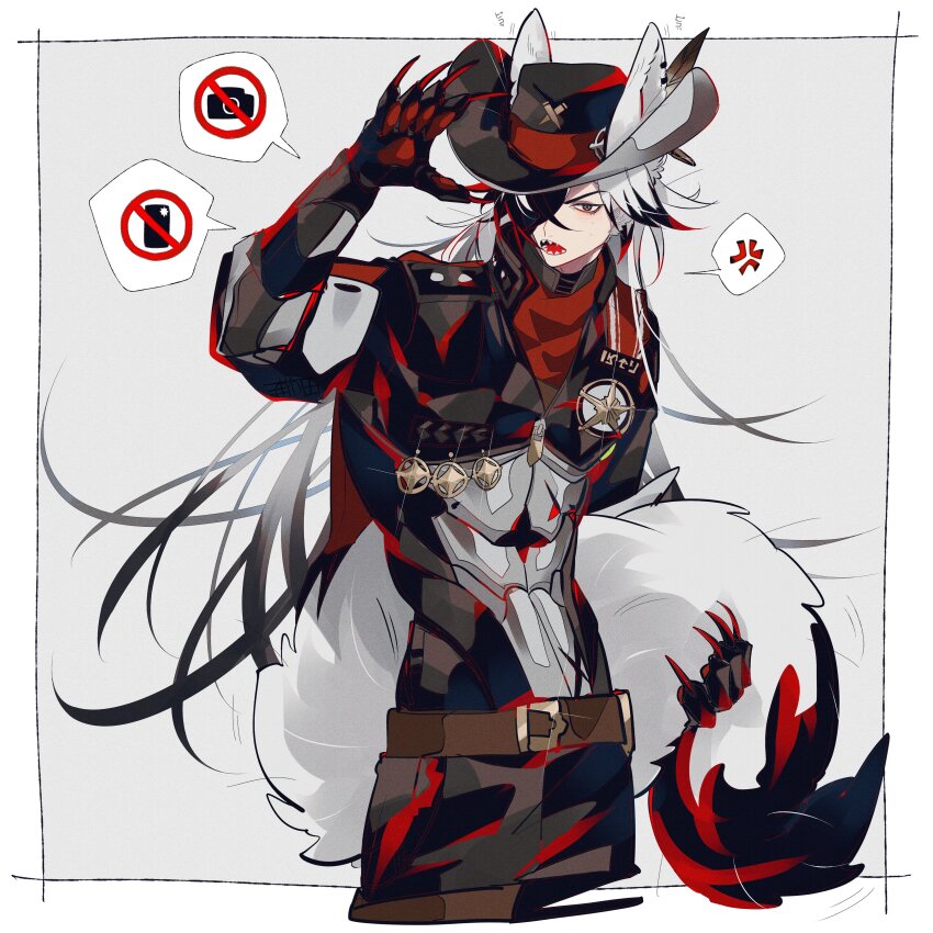 1boy absurdres animal_ears animal_hands black_eyes black_hair black_jacket boothill_(honkai:_star_rail) claws commentary cowboy cowboy_hat cowboy_shot cropped_jacket cyborg fox_boy fox_ears fox_tail grey_background grey_hair hair_over_one_eye hat highres holding_own_tail honkai:_star_rail honkai_(series) jacket kemonomimi_mode long_hair male_focus sharp_teeth simple_background solo symbol-only_commentary tail teeth u_5ham0 western