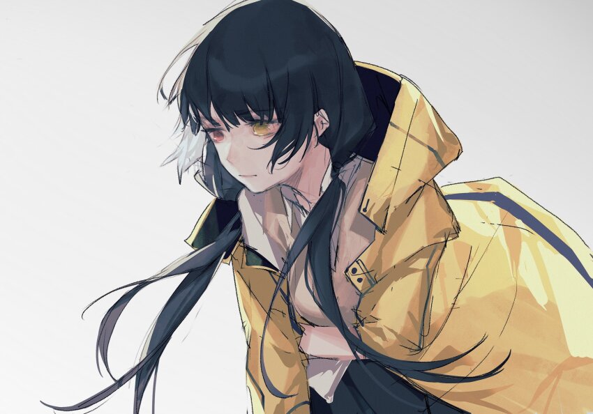 1girl black_hair collared_shirt commentary girls&#039;_frontline hand_in_jacket heterochromia highres jacket long_hair open_clothes open_jacket red_eyes ro635_(girls&#039;_frontline) shirt simple_background solo sweater_vest taiyang_ami twintails upper_body white_shirt yellow_eyes yellow_jacket