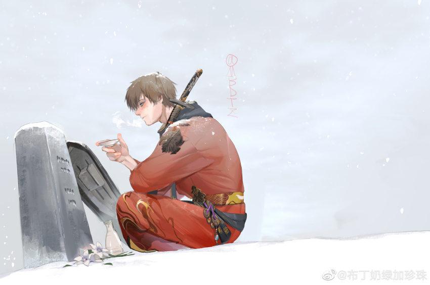1boy absurdres ardbert_hylfyst blue_eyes blush brown_hair chinese_commentary cold cup earrings facial_hair final_fantasy final_fantasy_xiv flower hair_between_eyes highres japanese_clothes jewelry kimono lily_(flower) male_focus mbdtz red_kimono sakazuki sheath sheathed short_hair sitting snow snowing solo stubble sword tombstone watermark weapon weibo_watermark