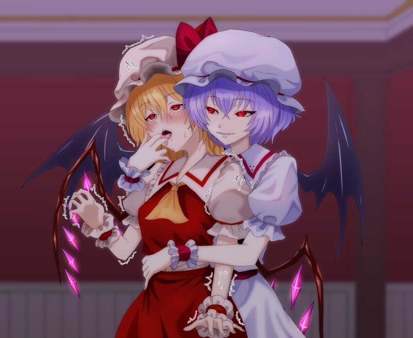 2girls bat_wings blonde_hair blush finger_in_another&#039;s_mouth flandre_scarlet hat highres incest indoors merihari07 mob_cap multiple_girls puffy_short_sleeves puffy_sleeves purple_hair red_eyes red_vest remilia_scarlet short_hair short_sleeves siblings sisters tongue tongue_out touhou vest white_hat wings yuri