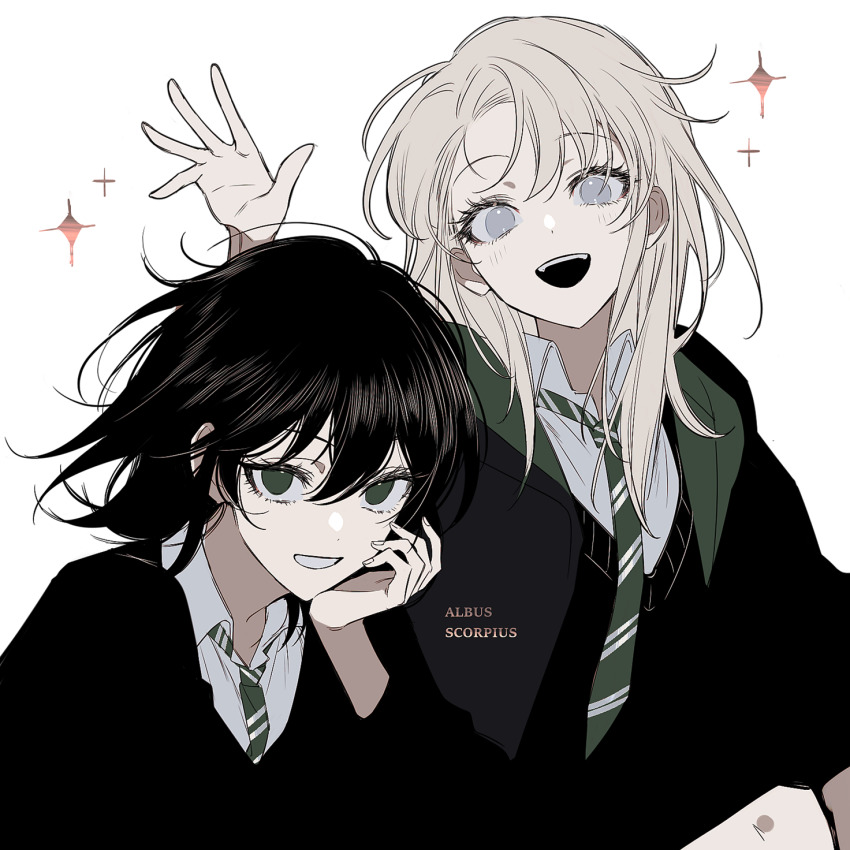 2girls :d albus_severus_potter black_coat black_hair black_sweater blonde_hair blue_eyes character_name coat collared_shirt genderswap genderswap_(mtf) green_eyes green_necktie hand_up harry_potter_(series) harry_potter_and_the_cursed_child highres hogwarts_school_uniform long_hair long_sleeves multiple_girls necktie open_mouth school_uniform scorpius_malfoy shirt short_hair simple_background slytherin smile sparkle striped_necktie sweater uchikaze waving white_background white_shirt wizarding_world