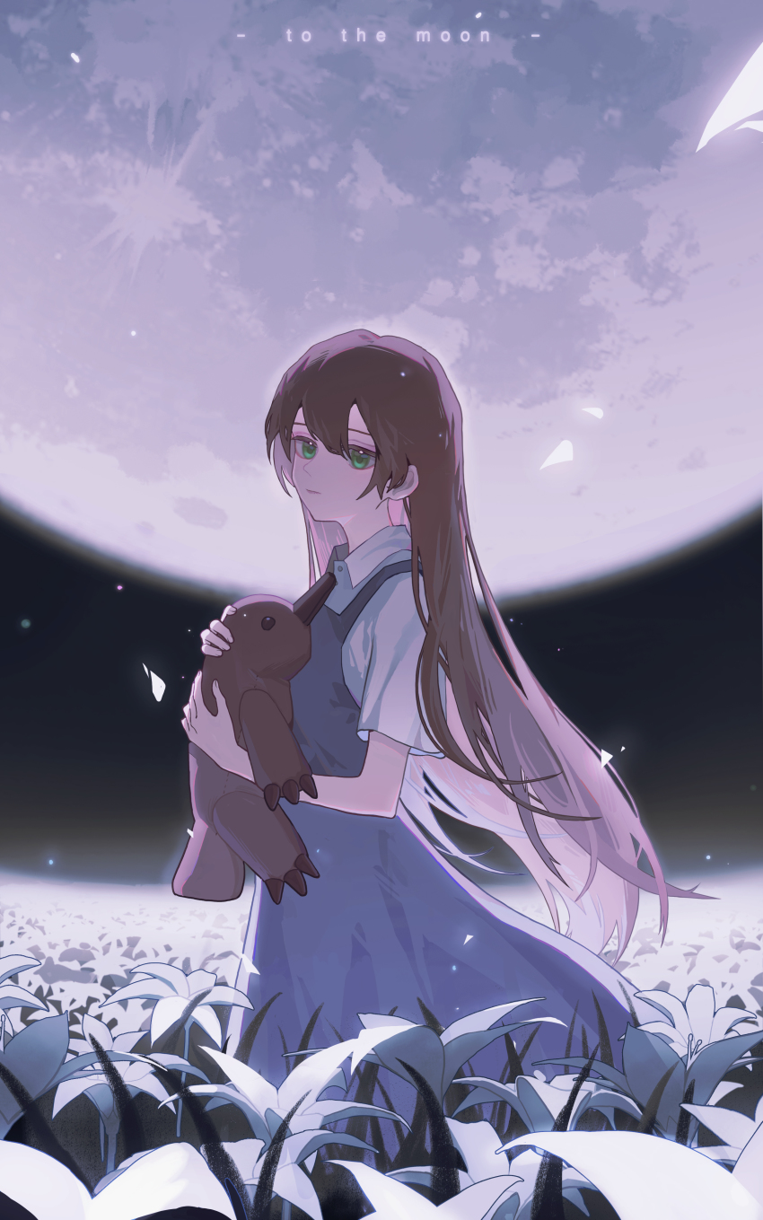 1girl absurdres blue_dress brown_hair collared_shirt commentary copyright_name dress english_commentary expressionless feet_out_of_frame field flower flower_field from_side full_moon green_eyes highres holding holding_stuffed_toy inumi_(780956) light_particles long_hair looking_at_viewer moon night outdoors pinafore_dress river_wyles shirt sleeveless sleeveless_dress solo standing straight_hair stuffed_animal stuffed_platypus stuffed_toy to_the_moon white_flower white_shirt
