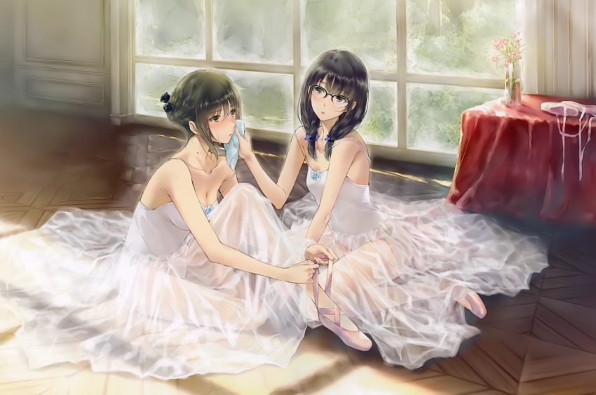 2girls absurdres ballerina ballet_slippers black_hair blush breasts cross-laced_footwear flower flowers_(innocent_grey) full_body glasses green_skirt hair_flower hair_ornament hanabishi_rikka highres leotard low_twintails medium_breasts mole multiple_girls plantar_flexion sitting skirt small_breasts sugina_miki takasaki_chidori twintails vase wariza window wiping_face