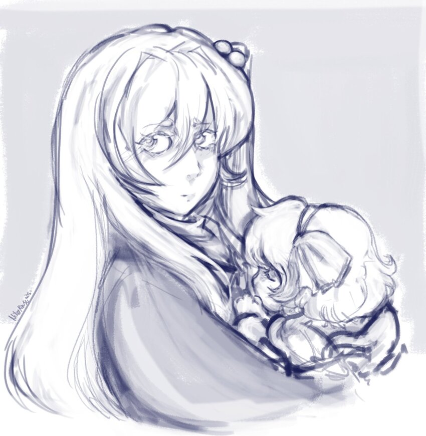 2girls alice_margatroid alice_margatroid_(pc-98) bow_hairband carrying child_carry closed_eyes closed_mouth double-parted_bangs furrowed_brow hair_between_eyes hair_bobbles hair_ornament hairband highres long_hair looking_to_the_side monochrome mother_and_daughter multiple_girls niko_rausu shinki_(touhou) short_hair signature simple_background sketch sleeping touhou touhou_(pc-98)