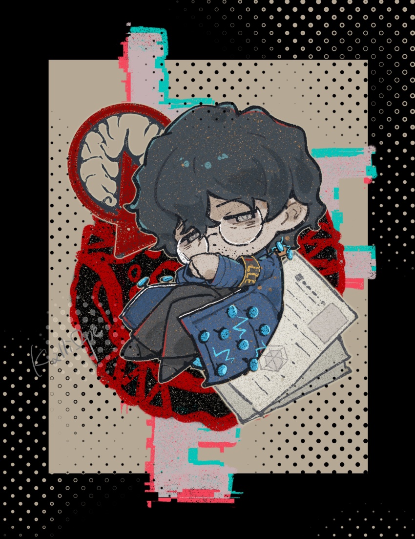 1boy absurdres armband bags_under_eyes black_armband black_border blue_coat blue_hair border chibi chibi_only coat crossed_bangs curled_up distortion distortion_(project_moon) full_body glasses halftone highres hohenheim_(project_moon) holding_own_hand kalliope_orc limbus_company lobotomy_corporation lobotomy_corporation_logo looking_at_viewer male_focus nail_(hardware) object_on_shoulder outside_border paper project_moon short_hair white_eyes yellow_background