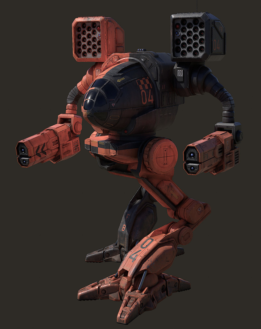 3d arm_cannon battletech commentary concept_art energy_cannon english_commentary highres machinery mad_cat_(battletech) mecha missile_pod no_humans nose_art radio_antenna realistic robot roundel science_fiction solo vertexnormal walker_(robot) weapon window
