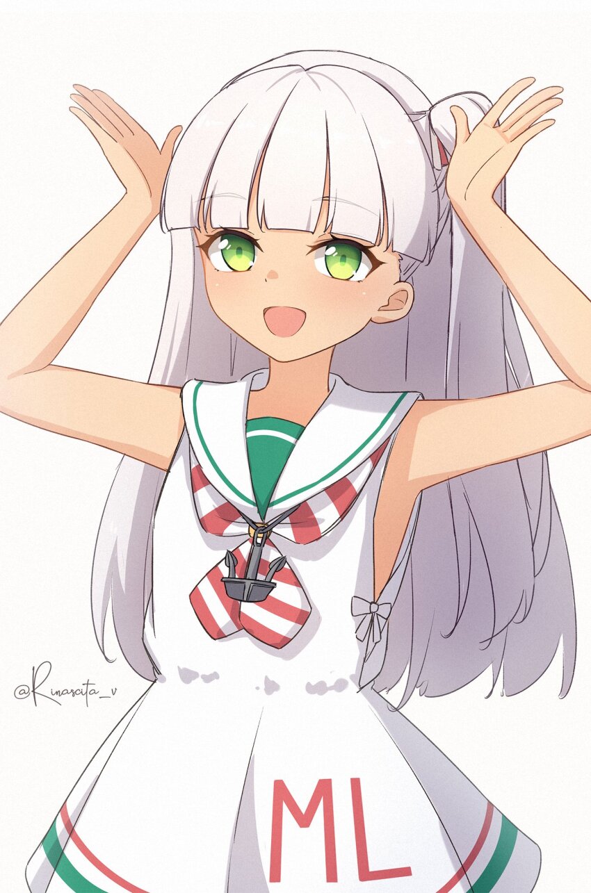 1girl anchor_hair_ornament aticsanir bandeau blush dress green_eyes grey_hair hair_ornament highres kantai_collection long_hair looking_at_viewer maestrale_(kancolle) neckerchief one_side_up open_mouth pink_bandeau ribbon sailor_dress simple_background sleeveless sleeveless_dress smile solo striped_neckerchief twitter_username white_background white_dress