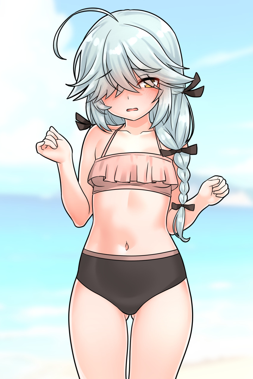 1girl absurdres ahoge beach bikini black_bikini black_ribbon blue_sky braid cloud collarbone day frilled_bikini frills furaggu_(frag_0416) grey_hair hair_over_one_eye hair_ribbon hamanami_(kancolle) hands_up highres kantai_collection long_hair navel ocean outdoors pink_bikini ribbon single_braid sky solo standing stomach swimsuit thighs variant_set