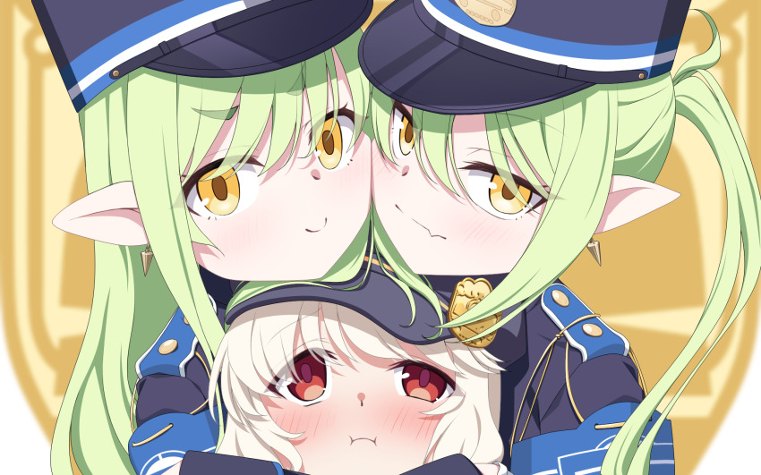3girls aoba_(blue_archive) armband black_hat black_jacket blonde_hair blue_archive blue_armband blush cabbie_hat closed_mouth commentary_request earrings fang green_hair group_hug hair_between_eyes hat highres hikari_(blue_archive) hug jacket jewelry kkkk_(k4) long_hair long_sleeves looking_at_viewer multiple_girls nozomi_(blue_archive) peaked_cap pointy_ears pout red_eyes siblings sidelocks sisters skin_fang smile twins twintails upper_body yellow_eyes
