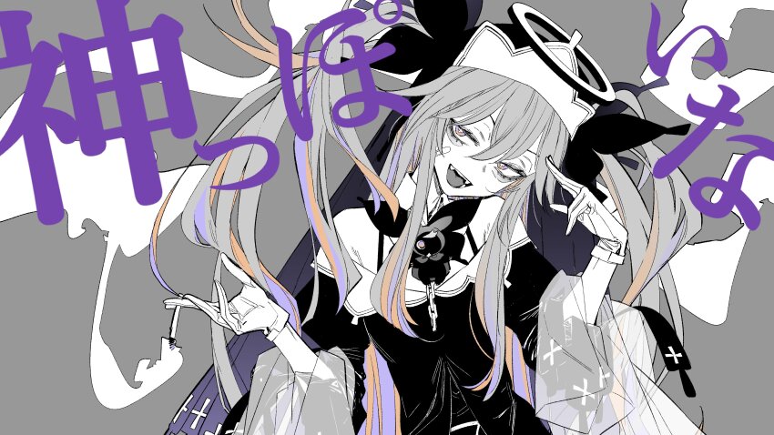 1girl absurdres bags_under_eyes bandaid bandaid_on_cheek bandaid_on_face bare_shoulders between_fingers bra_strap butterfly_hair_ornament character_brooch cigarette cross-shaped_pupils detached_collar dress fangs fingers_to_head gloves gradient_eyes grey_background hair_ornament half-closed_eyes halo hands_up head_tilt highres hijirime_laeria holding holding_cigarette ikuhana_niiro indie_virtual_youtuber juliet_sleeves kamippoina_(vocaloid) layered_sleeves long_hair long_sleeves multicolored_eyes multicolored_hair neck_ribbon nun off-shoulder_dress off_shoulder orange_hair partially_colored puffy_sleeves purple_eyes purple_hair ribbon sanpaku second-party_source simple_background smile smoke solo song_name symbol-shaped_pupils tongue tongue_out two_side_up upper_body variant_set veil virtual_youtuber