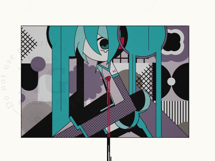 1girl abstract aqua_eyes aqua_hair bleeding blood border broken_heart commentary detached_sleeves english_commentary grey_shirt grey_sleeves halftone hatsune_miku heart long_hair long_sleeves looking_at_viewer machigami_yoh shirt solo twintails upper_body vocaloid watermark white_border