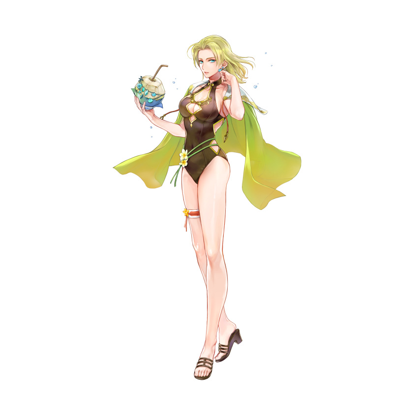1girl absurdres bare_arms blonde_hair blue_eyes breasts cape cleavage coconut collarbone covered_navel drinking_straw earrings feet female_focus fingernails fire_emblem fire_emblem:_the_sacred_stones fire_emblem_heroes fruit_cup full_body green_cape high_heel_sandals highres holding jewelry long_hair looking_at_viewer medium_breasts nintendo official_art one-piece_swimsuit parted_bangs parted_lips sandals selena_(fire_emblem:_the_sacred_stones) selena_(summer)_(fire_emblem:_the_sacred_stones) shiny_skin simple_background solo swimsuit thigh_strap thighs toes wada_sachiko white_background
