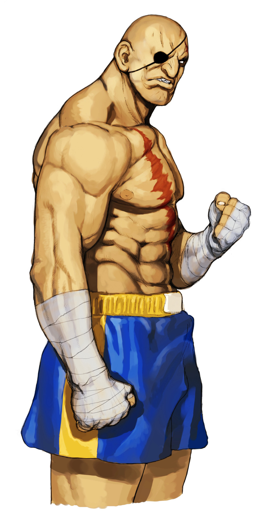 1boy angry bald capcom_vs_snk clenched_hands clenched_teeth eyepatch from_side game_cg hand_wraps highres ikeno_daigo male_focus muscular muscular_male non-web_source official_art parted_lips raised_fist sagat scar scar_on_chest scar_on_face scowl shorts solo street_fighter teeth upper_teeth_only veins veiny_arms white_background wrist_wrap