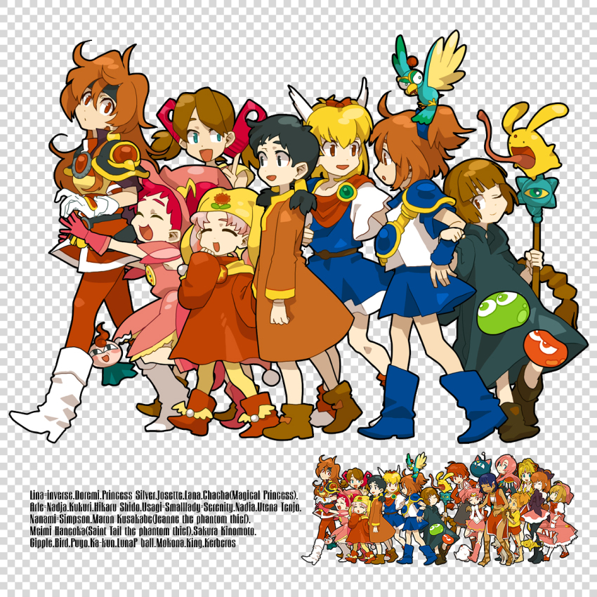 1990s_(style) 6+girls akazukin_chacha arle_nadja armor bad_id bad_pixiv_id bandeau bare_legs bird bishoujo_senshi_sailor_moon black_eyes black_hair blob blonde_hair blue_eyes blue_skirt blunt_bangs bob_cut boots bow braid brown_hair carbuncle_(puyopuyo) cardcaptor_sakura chacha chacha_(akazukin_chacha) checkered_background chibi_usa child company_connection cone_hair_bun creature crossover dark-skinned_female dark_skin dress epaulettes frills fushigi_no_umi_no_nadia fuuin_no_tsue gainax gipple gloves hair_bow hair_bun half_updo haneoka_meimi harukaze_doremi haruo_(clownberry) hat head_wings highres hug hug_from_behind j.c._staff josette ka-kun kaitou_jeanne kaitou_saint_tail kamikaze_kaitou_jeanne kerberos kero_(cardcaptor_sakura) king king_(nadia) kinomoto_sakura kinomoto_sakura_(magician) knee_boots kukuri_(mahoujin_guruguru) kusakabe_maron lana_(mirai_shounen_conan) lina_inverse lion loincloth looking_at_another luna-p madhouse madou_monogatari magic_knight_rayearth magical_girl magical_princess mahoujin_guruguru mirai_shounen_conan mokona multiple_crossover multiple_girls musical_note nadia_la_arwall nanami_simpson nanatsu_no_umi_no_tico nippon_animation ojamajo_doremi one_eye_closed open_mouth pantyhose pauldrons pink_hair pink_hat pino_(wonder_project) princess_silver puyo_(puyopuyo) puyopuyo red_eyes red_hair red_legwear retro_artstyle robe sailor_chibi_moon saint_tail sandals shidou_hikaru shoujo_kakumei_utena shoulder_armor skirt slayers smile staff strapless studio_gallop tenjou_utena tms_entertainment toei_animation tube_top twintails vest walking wings wink wonder_project_j2 yellow_legwear yume_no_crayon_oukoku