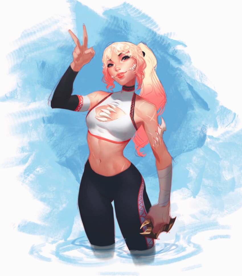 1girl arm_up black_pants blonde_hair brown_eyes chest_mouth cleavage_cutout clothing_cutout extra_teeth glasgow_smile gradient_hair highres holding holding_weapon jeremy_anninos long_hair midriff monster_girl multicolored_hair multiple_scars navel original pants parted_lips pink_hair ponytail scar scar_on_face scar_on_hip scar_on_nose scar_on_shoulder scar_on_stomach shallow_water solo sports_bra standing tanya_(jeremy_anninos) v wading water weapon white_sports_bra yoga_pants