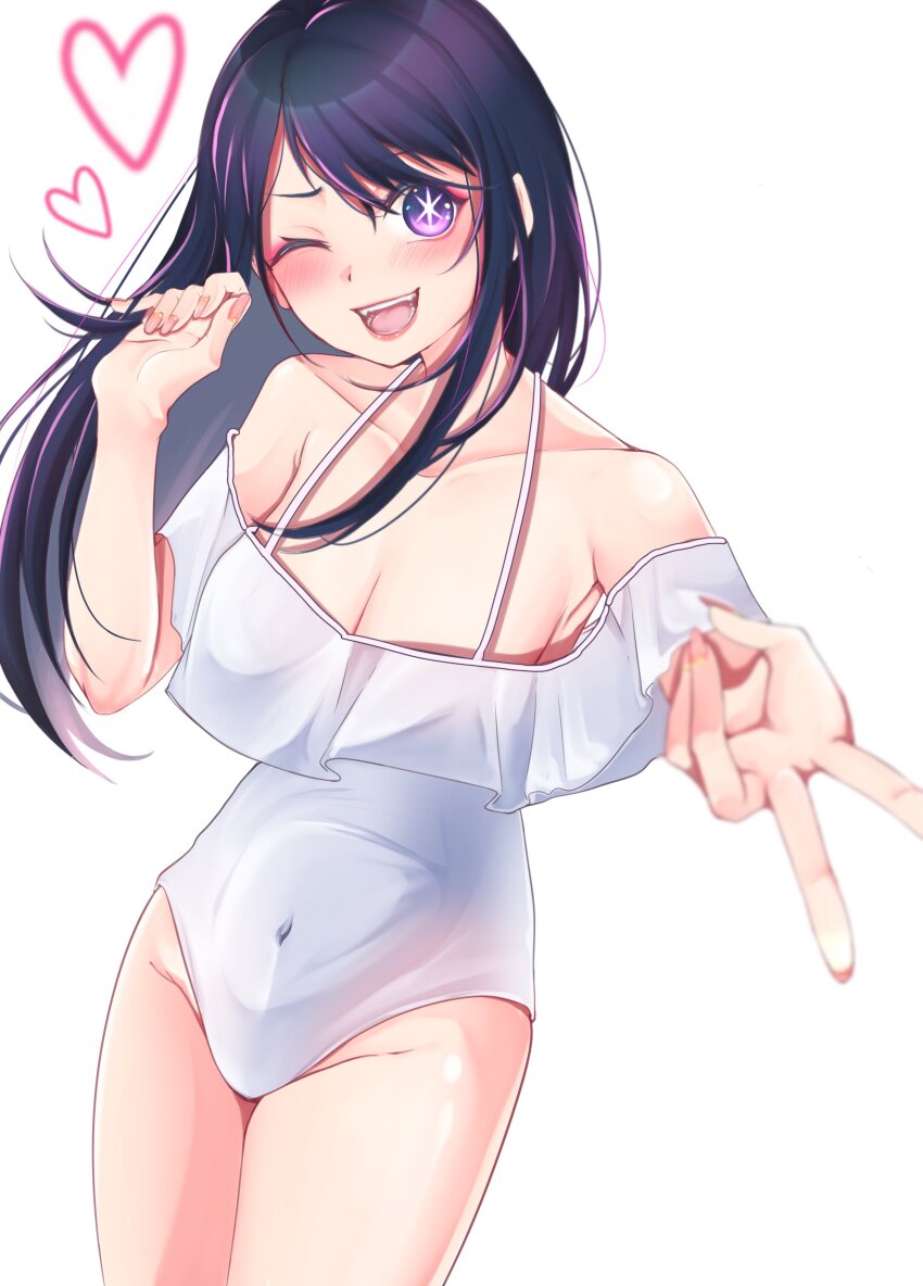 1girl absurdres blush breasts cleavage collarbone covered_navel cowboy_shot dot_nose female_focus fingernails from_above hand_up heart highres hoshino_ai lips long_hair looking_at_viewer looking_up matching_hair/eyes medium_breasts meemz_a off-shoulder_one-piece_swimsuit off_shoulder one-piece_swimsuit one_eye_closed open_mouth oshi_no_ko outstretched_arm pov purple_eyes purple_hair simple_background smile solo standing star-shaped_pupils star_(symbol) swimsuit symbol-shaped_pupils teeth tongue upper_teeth_only v white_background white_one-piece_swimsuit