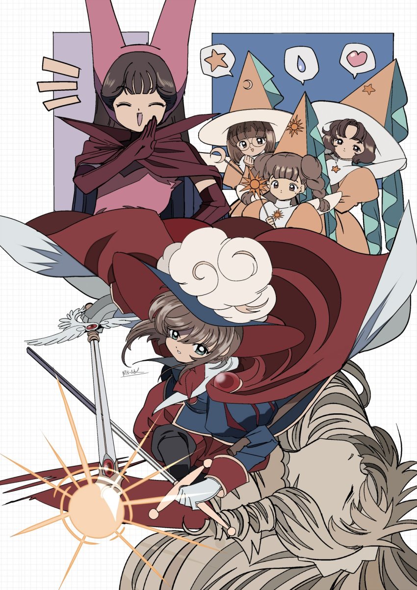 1boy 5girls cape cardcaptor_sakura closed_eyes costume edoya_inuhachi glasses hat heart highres kinomoto_sakura kinomoto_sakura_(sakura_prince) li_meiling li_xiaolang mihara_chiharu multiple_girls official_alternate_costume open_mouth red_cape sasaki_rika star_(symbol) sword weapon yanagisawa_naoko