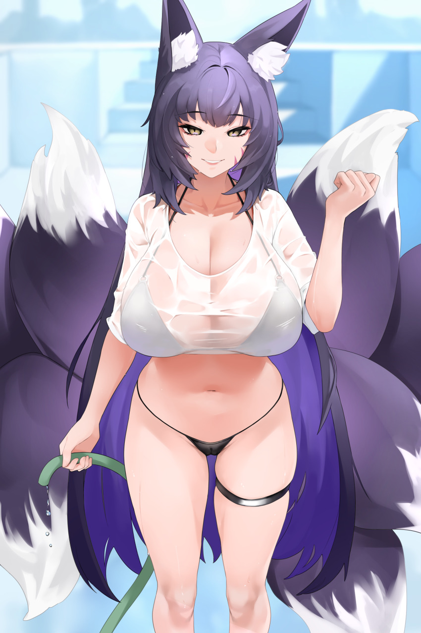 1girl absurdres animal_ear_fluff animal_ears azur_lane bikini bikini_under_clothes black_bikini black_hair blurry blurry_background breasts cameltoe cleavage collarbone colored_inner_hair empty_pool facial_mark fox_ears fox_girl fox_tail hand_up highres holding holding_hose hose huge_breasts long_hair looking_at_viewer multicolored_hair multiple_tails musashi_(azur_lane) navel noir_(4chan) parted_lips pool purple_hair see-through_clothes see-through_shirt shirt skindentation smile solo stomach swimsuit tail thigh_strap thighs very_long_hair wet wet_clothes wet_shirt whisker_markings white_shirt yellow_eyes