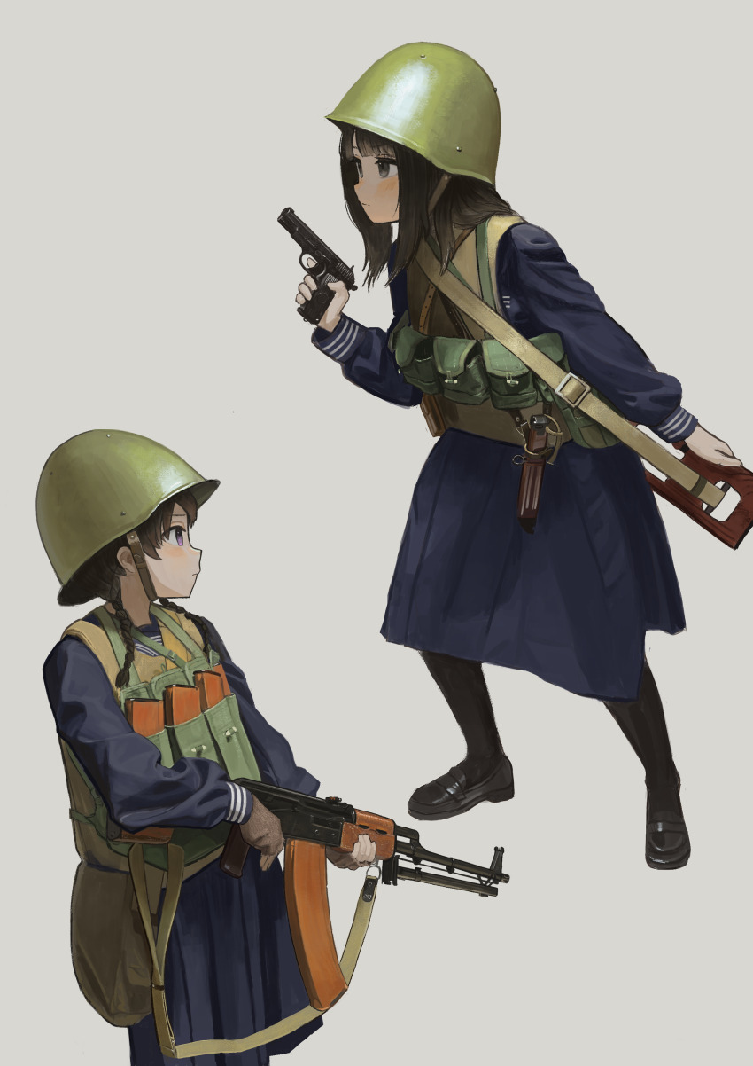 2girls absurdres blue_jacket blue_serafuku blue_skirt braid brown_hair chest_rig combat_helmet dragunov_svd garoppui green_hat grey_background gun handgun hat helmet highres jacket light_machine_gun loafers machine_gun multiple_girls original rifle rpk-74 school_uniform serafuku shirt shoes single_braid skirt sniper_rifle striped_clothes striped_shirt telnyashka tokarev_tt-33 weapon