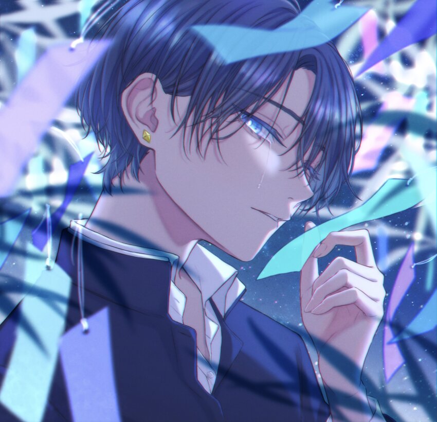 1boy absurdres black_hair black_shirt blue_eyes blurry blurry_background blurry_foreground bright_pupils collared_shirt commentary_request earrings fingernails from_side highres jewelry light_particles looking_at_viewer male_focus moxamog original outdoors parted_lips portrait shirt shirt_under_shirt short_hair stud_earrings tearing_up white_pupils white_shirt