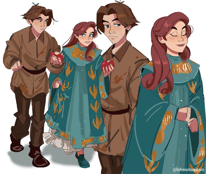 1boy 1girl aged_down anastasia_(1997) anya_(anastasia) aqua_dress blush brown_hair brown_pants child commentary dimitri_(anastasia) dress eating english_commentary food french-unicorn full_body highres holding holding_food long_hair looking_at_another pants red_hair shadow short_hair simple_background twitter_username white_background