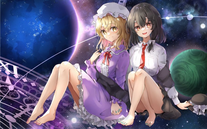 2girls barefoot black_skirt blonde_hair blush breasts brown_eyes brown_hair buttons center_frills clock clock_hands collared_shirt commentary_request crossed_legs dress fedora frilled_shirt_collar frills full_body hat hat_ribbon unworn_headwear highres looking_at_viewer maribel_hearn medium_breasts mob_cap multiple_girls nail_polish necktie open_mouth orbit pocket purple_dress red_neckwear ribbon roman_numeral shironeko_yuuki shirt sitting skirt smile space teeth toenail_polish toenails touhou upper_teeth_only usami_renko watson_cross white_ribbon white_shirt wing_collar yellow_eyes