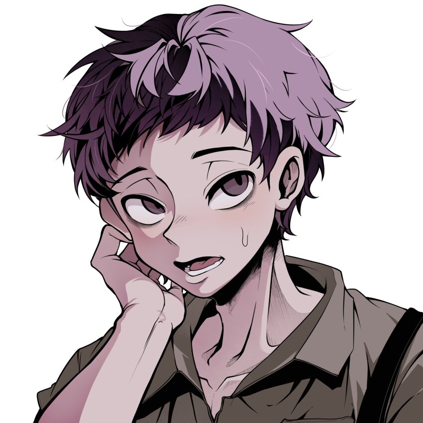 1boy black_eyes black_hair collarbone collared_jumpsuit commentary fear_&amp;_hunger_(series) fear_&amp;_hunger_2:_termina green_jumpsuit hand_on_own_cheek hand_on_own_face highres jumpsuit levi_(fear_&amp;_hunger) lower_teeth_only male_focus open_mouth portrait short_hair simple_background solo sweat teeth termina2_12 white_background
