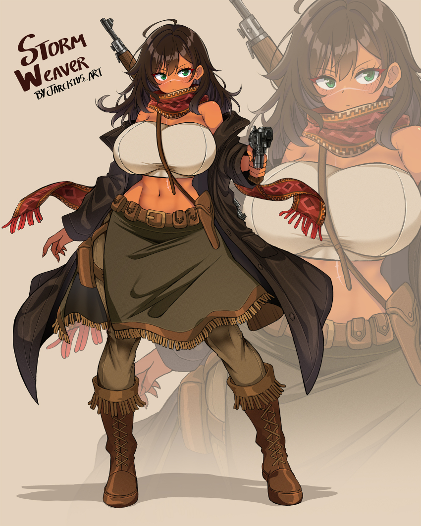 1girl absurdres ahoge aiming aiming_at_viewer artist_name blush boots breasts brown_boots brown_hair brown_jacket brown_pants closed_mouth cowgirl_(western) crop_top dark-skinned_female dark_skin eyebrows_hidden_by_hair eyes_visible_through_hair full_body green_eyes gun handgun highres holding holding_gun holding_weapon huge_breasts jacket jarckius long_hair looking_at_viewer multiple_views native_american navel original pants red_scarf rifle scar scar_on_face scar_on_nose scarf solo standing storm_weaver_(jarckius) weapon zoom_layer