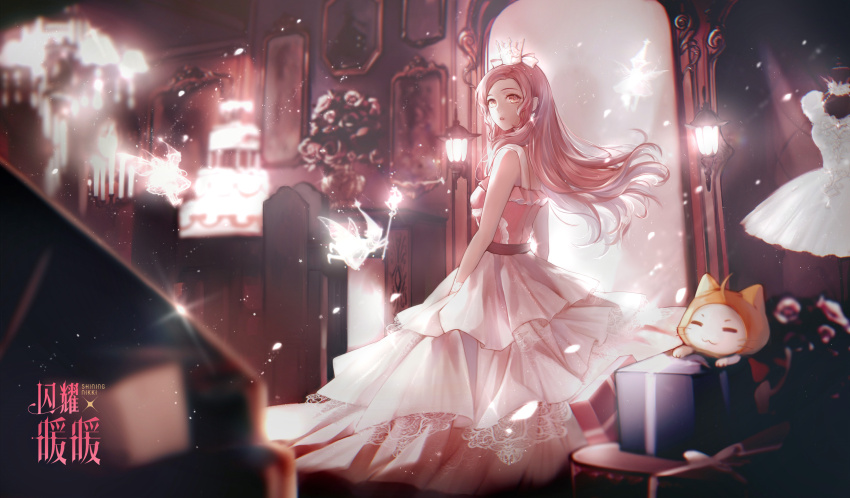 1girl =_= absurdres ahoge animal bare_shoulders cake cat chandelier chinese_commentary cloak closed_eyes clothed_animal commentary_request copyright_name crown dress ear_covers earrings floating_hair food frilled_dress frills full-length_mirror full_body gift gown grand_piano highres hood hood_up hooded_cloak indoors instrument jewelry light_particles lipstick logo long_dress long_hair makeup mannequin mini_crown mirror momo_(nikki) nikki_(nikki) nikki_(series) painting_(object) parted_lips piano pink_crown pink_dress pink_eyes pink_hair red_lips shining_nikki sidelocks sleeveless sleeveless_dress sparkle standing stars_zhangzhang whiskers white_cat wristband yellow_cloak